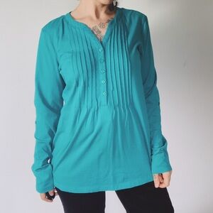 LL BEAN Pleated Front Long Sleeve Tee Turquoise M